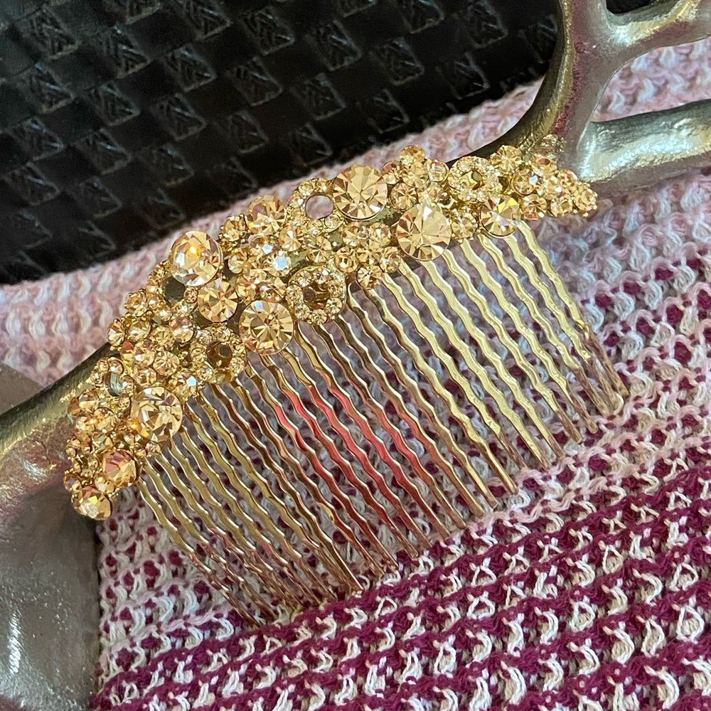 New! Gold Hair Clip Comb Peach Rhinestones - Picture 4 of 11